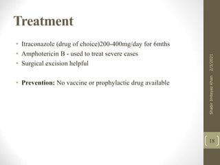 Treatment
• Itraconazole (drug of choice)200-400mg/day for 6mths
• Amphotericin B - used to treat severe cases
• Surgical excision helpful
• Prevention: No vaccine or prophylactic drug available
18
2/3/2021
Shabir
Imteyaz
Khan
 