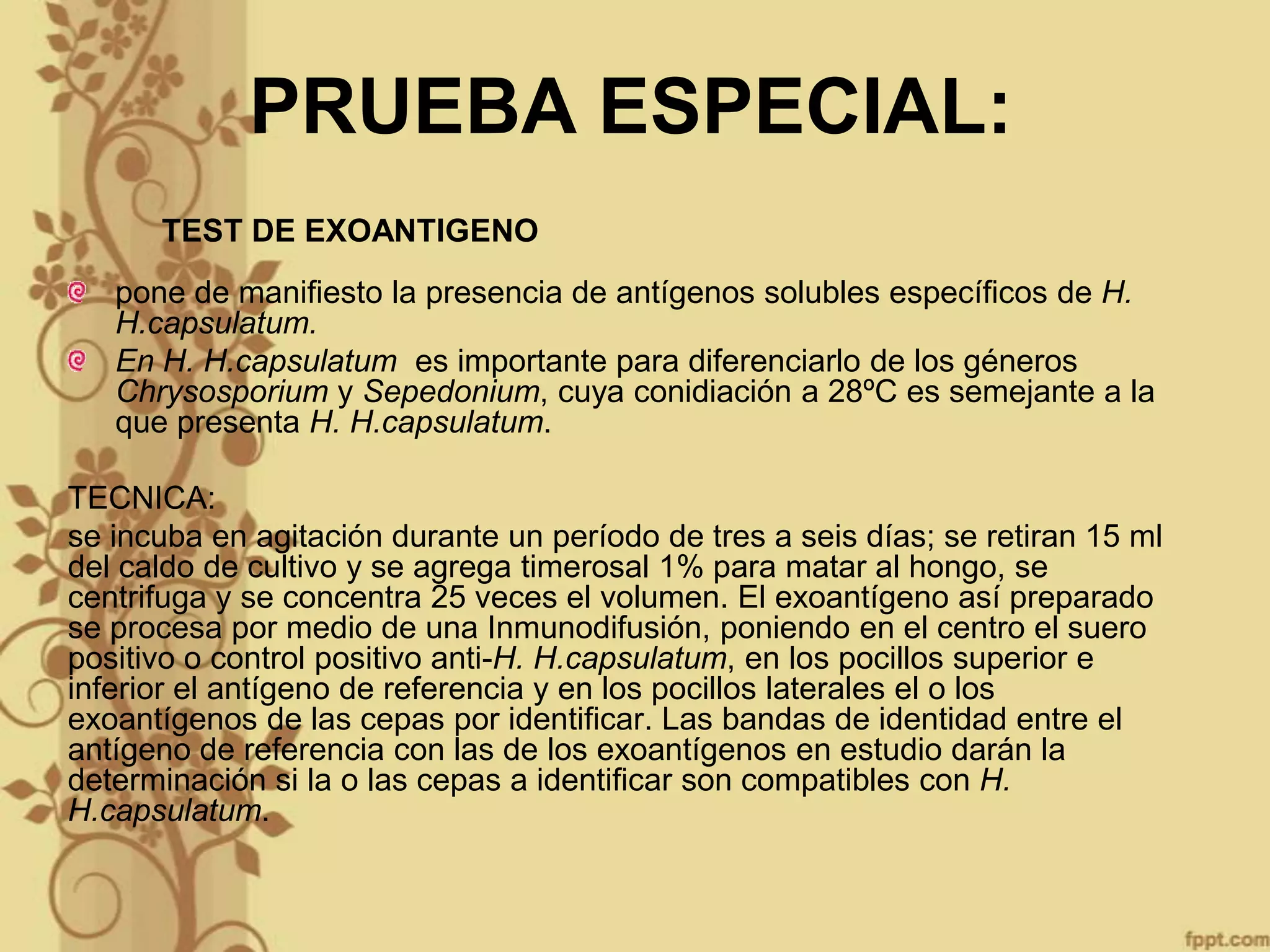 PRUEBA ESPECIAL:
TEST DE EXOANTIGENO
pone de manifiesto la presencia de antígenos solubles específicos de H.
H.capsulatum.
En H. H.capsulatum es importante para diferenciarlo de los géneros
Chrysosporium y Sepedonium, cuya conidiación a 28ºC es semejante a la
que presenta H. H.capsulatum.
TECNICA:
se incuba en agitación durante un período de tres a seis días; se retiran 15 ml
del caldo de cultivo y se agrega timerosal 1% para matar al hongo, se
centrifuga y se concentra 25 veces el volumen. El exoantígeno así preparado
se procesa por medio de una Inmunodifusión, poniendo en el centro el suero
positivo o control positivo anti-H. H.capsulatum, en los pocillos superior e
inferior el antígeno de referencia y en los pocillos laterales el o los
exoantígenos de las cepas por identificar. Las bandas de identidad entre el
antígeno de referencia con las de los exoantígenos en estudio darán la
determinación si la o las cepas a identificar son compatibles con H.
H.capsulatum.

 