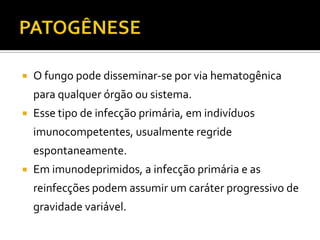    O fungo pode disseminar-se por via hematogênica
    para qualquer órgão ou sistema.
   Esse tipo de infecção primária, em indivíduos
    imunocompetentes, usualmente regride
    espontaneamente.
   Em imunodeprimidos, a infecção primária e as
    reinfecções podem assumir um caráter progressivo de
    gravidade variável.
 