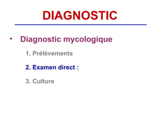 DIAGNOSTIC
• Diagnostic mycologique
   1. Prélèvements

   2. Examen direct :

   3. Culture
 