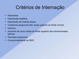 Critérios de Internação
 Hipoxemia
 Hipotensão sistólica.
 Depressão da medula óssea.
 Creatinina sanguínea três vezes superior ao limite normal.
 Icterícia.
 Aumento de cinco vezes do limite superior das transaminases
séricas.
 Discrasia sanguínea.
 Comprometimento do SNC.
 