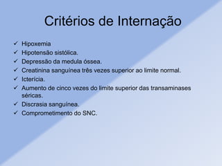 Critérios de Internação
 Hipoxemia
 Hipotensão sistólica.
 Depressão da medula óssea.
 Creatinina sanguínea três vezes superior ao limite normal.
 Icterícia.
 Aumento de cinco vezes do limite superior das transaminases
séricas.
 Discrasia sanguínea.
 Comprometimento do SNC.
 