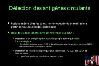 Détection des antigènes circulants
• Positive même chez les sujets immunodéprimés et réalisable à
partir de tous les liquides biologiques

• Deux tests dans laboratoires de référence aux USA :
• Détection d'un antigène polysaccharidique par technique radioimmunologique
-

Sensibilité : urines > sérum, (> 90 % dans histoplasmose disséminée, moyenne (40 %)
si histoplasmose chronique ou limitée

• Détection de fraction antigénique plus spécifique (70 kDa) par ELISA et
Western Blot
-

Spécificité meilleure, sensibilité = ; sérum > urines

 