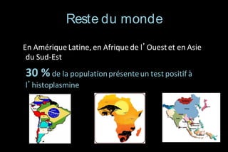 Reste du monde
En Amérique Latine, en Afrique de l’Ouest et en Asie
du Sud-Est

30 % de la population présente un test positif à
l’histoplasmine

 