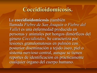 Coccidioidomicosis.Coccidioidomicosis.
LaLa coccidioidomicosiscoccidioidomicosis (también(también
llamadallamada Fiebre de San JoaquínFiebre de San Joaquín oo Fiebre delFiebre del
ValleValle) es una enfermedad producida en) es una enfermedad producida en
personas y animales por hongos dimórficos delpersonas y animales por hongos dimórficos del
génerogénero CoccidioidesCoccidioides. Se caracteriza por. Se caracteriza por
lesiones granulomatosas en pulmón conlesiones granulomatosas en pulmón con
posterior diseminación a tejido óseo, piel oposterior diseminación a tejido óseo, piel o
sistema nervioso central, aunque se tienensistema nervioso central, aunque se tienen
reportes de identificación en prácticamentereportes de identificación en prácticamente
cualquier órgano del cuerpo humano.cualquier órgano del cuerpo humano.
 