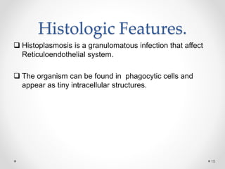 Histologic Features.
 Histoplasmosis is a granulomatous infection that affect
Reticuloendothelial system.
 The organism can be found in phagocytic cells and
appear as tiny intracellular structures.
15
 