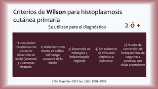 Criterios de Wilson para histoplasmosis
cutánea primaria
Se utilizan para el diagnóstico
1) Inoculación
traumática con
posterior
desarrollo de
lesión (chancro)
3-4 semanas
después
3) Desarrollo de
linfangitis y
linfadenopatía
regional
2) Aislamiento en
medio de cultivo
del hongo
causante de la
lesión
4) Sin evidencia
de infección
sistémica o
pulmonar
5) Prueba de
conversión de
histoplasmina de
negativo a
positivo, con
título ascendente
J Clin Diagn Res. 2017 Jan; 11(1): ED01–ED02.
2 ó +
 