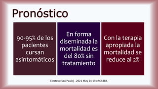 Pronóstico
90-95% de los
pacientes
cursan
asintomáticos
En forma
diseminada la
mortalidad es
del 80% sin
tratamiento
Con la terapia
apropiada la
mortalidad se
reduce al 2%
Einstein (Sao Paulo) . 2021 May 24;19:eRC5488.
 