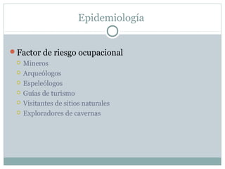 Epidemiología
Factor de riesgo ocupacional
 Mineros
 Arqueólogos
 Espeleólogos
 Guías de turismo
 Visitantes de sitios naturales
 Exploradores de cavernas
 