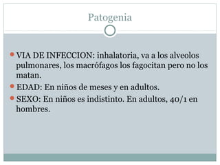 Patogenia
VIA DE INFECCION: inhalatoria, va a los alveolos
pulmonares, los macrófagos los fagocitan pero no los
matan.
EDAD: En niños de meses y en adultos.
SEXO: En niños es indistinto. En adultos, 40/1 en
hombres.
 