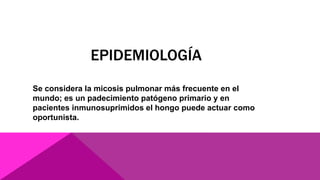 EPIDEMIOLOGÍA
Se considera la micosis pulmonar más frecuente en el
mundo; es un padecimiento patógeno primario y en
pacientes inmunosuprimidos el hongo puede actuar como
oportunista.
 