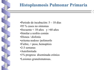 •Periodo de incubación: 5 – 18 días
•95 % casos no síntomas
•frecuente < 10 años y >60 años
•Similar a resfrío común
•Disnea / disfonía
•eritema nodoso /polimorfo
•Fiebre, < peso, hemoptisis
•2-3 semanas
•Autolimitada
•1% progresa diseminada crónica
•Lesiones granulomatosas.
Histoplasmosis Pulmonar Primaria
 