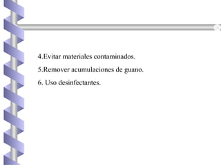 4.Evitar materiales contaminados.
5.Remover acumulaciones de guano.
6. Uso desinfectantes.
 