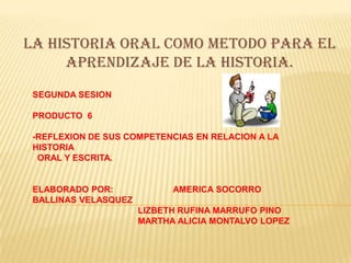 LA HISTORIA ORAL COMO METODO PARA EL APRENDIZAJE DE LA HISTORIA. SEGUNDA SESION PRODUCTO  6  -REFLEXION DE SUS COMPETENCIAS EN RELACION A LA HISTORIA   ORAL Y ESCRITA. ELABORADO POR: 		AMERICA SOCORRO BALLINAS VELASQUEZ 			LIZBETH RUFINA MARRUFO PINO 			MARTHA ALICIA MONTALVO LOPEZ 