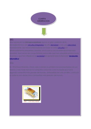 CUARTA
                                GENERACION




1971
Aquí aparecen los microprocesadores que es un gran adelanto de la
microelectrónica, son circuitos integrados de alta densidad y con una velocidad
impresionante. Las microcomputadoras con base en estos circuitos son
extremadamente pequeñas y baratas, por lo que su uso se extiende al mercado
industrial. Aquí nacen las computadoras personales que han adquirido proporciones
enormes y que han influido en la sociedad en general sobre la llamada "revolución
informática".

1976

En 1976 Steve Wozniak y Steve Jobs inventan la primera microcomputadora de uso
masivo y más tarde forman la compañía conocida como la Apple que fue la
segunda compañía más grande del mundo, antecedida tan solo por IBM; y esta por
su parte es aún de las cinco compañías más grandes del mundo.
 