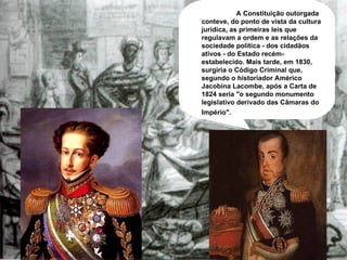 A Constituição outorgada conteve, do ponto de vista da cultura jurídica, as primeiras leis que regulavam a ordem e as relações da sociedade política - dos cidadãos ativos - do Estado recém-estabelecido. Mais tarde, em 1830, surgiria o Código Criminal que, segundo o historiador Américo Jacobina Lacombe, após a Carta de 1824 seria "o segundo monumento legislativo derivado das Câmaras do Império".   