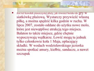 Jest też kawałek piaszczystej plaży, jak również boisko do  gry w siatkówkę plażową. Wystarczy przywieźć własną piłkę, a można spędzić kilka godzin w ruchu. W lipcu 2007, zostało oddane do użytku nowe molo, które jest niewątpliwe atrakcją tego miejsca. Balaton to także miejsce, gdzie chętnie wypoczywają wędkarze. Łowić mogą tu jednak tylko członkowie koła 1 Maja, opłacający składki. W wodach wodzisławskiego jeziorka można spotkać amury, kiełbie, sandacze, a nawet szczupak   