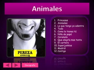 1. Princesas
              2. Animales
              3. Lo que tengo yo adentro
              4. Todo
              5. Como lo tienes tú
              6. Niña de papá
              7. Caramelo
              8. Que alegría mas tonta
              9. El cartero
              10. Superjunkies
              11. Madrid
              12. Contigo




Discografía
 