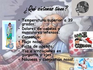 ¿Qué síntomas tiene?
• Temperatura superior a 39
  grados;
• Dolores de cabeza y
  musculares intensos;
• Cansancio;
• Flujo nasal;
• Falta de apetito;
• Tos e irritaciones en
  garganta y ojos.
• Náuseas y congestión nasal.
 