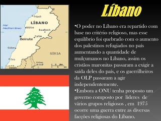 O poder no Líbano era repartido com base no critério religioso, mas esse equilíbrio foi quebrado com o aumento dos palestinos refugiados no país aumentando a quantidade de mulçumanos no Líbano, assim os cristãos maronitas passaram a exigir a saída deles do país, e os guerrilheiros da OLP passaram a agir  independentemente. Embora a ONU tenha proposto um governo composto por  líderes  de vários grupos religiosos , em  1975 ocorre uma guerra entre as diversas facções religiosas do Líbano. 