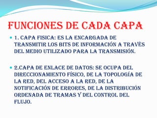 FUNCIONES DE CADA CAPA
 1. CAPA FISICA: Es la encargada de
 transmitir los bits de información a través
 del medio utilizado para la transmisión.

 2.CAPA DE ENLACE DE DATOS: Se ocupa del
 direccionamiento físico, de la topología de
 la red, del acceso a la red, de la
 notificación de errores, de la distribución
 ordenada de tramas y del control del
 flujo.
 