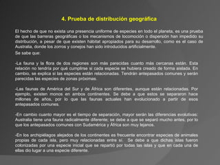 4. Prueba de distribución geográfica El hecho de que no exista una presencia uniforme de especies en todo el planeta, es una prueba de que las barreras geográficas o los mecanismos de locomoción o dispersión han impedido su distribución, a pesar de que existen hábitat apropiados para su desarrollo, como es el caso de Australia, donde los zorros y conejos han sido introducidos artificialmente.  Se sabe que:  -La fauna y la flora de dos regiones son más parecidas cuanto más cercanas están. Esta relación no tendría por qué cumplirse si cada especie se hubiera creado de forma aislada. En cambio, se explica si las especies están relacionadas. Tendrán antepasados comunes y serán parecidas las especies de zonas próximas. -Las faunas de América del Sur y de África son diferentes, aunque están relacionadas. Por ejemplo, existen monos en ambos continentes. Se debe a que estos se separaron hace millones de años, por lo que las faunas actuales han evolucionado a partir de esos antepasados comunes. -En cambio cuanto mayor es el tiempo de separación, mayor serán las diferencias evolutivas: Australia tiene una fauna radicalmente diferente; se debe a que se separó mucho antes, por lo que los antepasados comunes con Sudamérica y África son muy lejanos. -En los archipiélagos alejados de los continentes es frecuente encontrar especies de animales propias de cada isla, pero muy relacionadas entre sí.  Se debe a que dichas islas fueron colonizadas por una especie inicial que se repartió por todas las islas y que en cada una de ellas dio lugar a una especie diferente. 