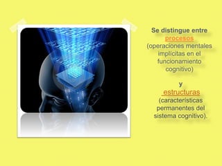 Se distingue entre
       procesos
(operaciones mentales
    implícitas en el
    funcionamiento
       cognitivo)

          y
     estructuras
    (características
   permanentes del
  sistema cognitivo).
 