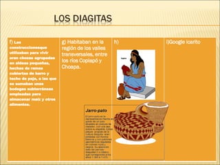 f)  Las construccionesque utilizaban para vivir eran chozas agrupadas en aldeas pequeñas, hechas de ramas cubiertas de barro y techo de paja, a las que se sumaban unas bodegas subterráneas empleadas para almacenar maíz y otros alimentos.  g) Habitaban en la región de los valles transversales, entre los ríos Copiapó y Choapa. h) i)Google icarito 