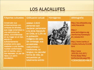 F)Aportes culturales: Construían sus embarcaciones con cortezas de árboles, que luego amarraban a una estructura de palos, convirtiéndose en su hogar en el mar, siendo lo suficientemente amplias como para trasladar a una familia nuclear conformada por el marido, una o dos esposas, un par de hijos y un perro doméstico. G)Situacion actual: existen 2.622 personas que declaran pertenecer a la etnia Alacalufe en Chile, el 0,3% de la población indígena del país. Sin embargo, sus ancestrales costumbres y tradiciones, su lengua y su peculiar forma de vida, se encuentran ya totalmente extinto H)imágenes: I)Bibliografia: http :// es.wikipedia.org / wiki / Alacalufe http :// www.serindigena.org /territorios/ kawesqar / art_kawes.htm http :// www.icarito.cl /medio/articulo/0,0,38035857_178048844_147547388_1,00. html http :// www .200.55.210.207/ Portal.Base /Web/ VerContenido.aspx?ID =130442&GUID=48c395a7-650e-451d-9b0e-cbcb8a03e92f   