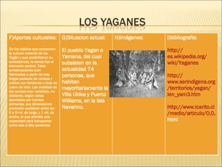 F)Aportes culturales: De los objetos que componen la cultura material de los Yagán y que posibilitaron su subsistencia, la canoa fue el elemento central. Tales embarcaciones eran fabricadas a partir de tres largos pedazos de corteza y unidos con tendones o tiras de cuero de lobo. Las medidas de las canoas eran variables, no obstante, según datos aportados por fuentes primarias, sus dimensiones promedio oscilaban entre los 5 a 6 mt. de largo, y 1 mt. de ancho, lo que admitía una capacidad para transportar entre seis a diez personas.  G)Situacion actual: El pueblo Yagan o Yamana, del cual subsisten en la actualidad 74 personas, que habitan mayoritariamente la Villa Ukika y Puerto Williams, en la Isla Navarino. H)imágenes:  I)bibliografia:  http :// es.wikipedia.org / wiki / Yaganes http :// www.serindigena.org /territorios/yagan/ len_yam3 . htm http :// www.icarito.cl /medio/articulo/0,0,38035857__147547372__1,00. html   
