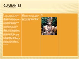 f )  El   90% de los TUPÍ GUARANÍ de Argentina trabaja en los ingenios, las fincas, los aserraderos, las quintas y viven a préstamo o por alquiler en terrenos privados. Unos pocos trabajan para petroleras, distintas empresas viales, hidroeléctricas, etc., o como peones de los municipios. Algunos habitan en tierras fiscales aún no definitivamente asignadas a quienes fueran sus más remotos dueños.  Mantienen el uso de su propia lengua, el guaraní sin embargo en las escuelas a las que concurren solo se les enseña en español y es por ello y su mala situación nutricional que no suelen avanzar mucho en sus estudios. g)   Situación actual: En 1986, en la Argentina los TUPÍ GUARANÍ (ambas ramas: arawak y guaraní) eran 23.00 y en Bolivia 18.000, respectivament h) 