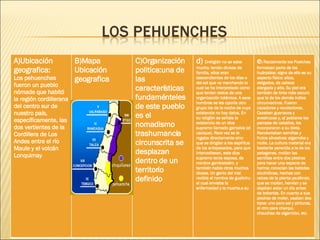 A)Ubicación geografica: Los pehuenches fueron un pueblo nómade que habitó la región cordillerana del centro sur de nuestro país, específicamente, las dos vertientes de la Cordillera de Los Andes entre el río Maule y el volcán Lonquimay B)Mapa Ubicación geografica  C)Organización politica:una de las características fundaménteles de este pueblo es el nomadismo trashumancia circunscrita se desplazan dentro de un territorio definido d)   Dreligión no se sabe mucho, tenían divisas de familia, ellos eran descendientes de los días o del sol que va marchando lo cual se ha interpretado como que tenían restos de una organización totémica. A esos hombres se les oponía otro grupo los de la noche de cuya existencia no hay datos. En su religión se señala la existencia de un dios supremo llamado gamakia (el cacique). Rara vez se le rogaba directamente sino que se dirigían a los espíritus de los antepasados, para que intercediesen, este dios supremo tenia esposa, de nombre gamkiatsëm, y también había otros muchos dioses. Un genio del mal recibía el nombre de gualichu el cual enviaba la enfermedad y la muerte.e su e )  Racialmente los Puelches formaban parte de los huárpidos; signo de ello es su aspecto físico: altos, delgados, de cabeza alargada y alta. Su piel era también de tinte más oscuro que la de los demás indios circunvecinos. Fueron cazadores y recolectores. Cazaban guanacos y avestruces y, al poblarse las pampas de caballos, los incorporaron a su dieta. Recolectaban semillas y frutos silvestres: algarroba y molle. La cultura material era bastante parecida a la de los patagones. molían las semillas entre dos piedras para hacer una especie de harina; conocían las bebidas alcohólicas, hechas con raíces de la planta yaulëmsk, que se molían, hervían y se dejaban estar un día antes de beberlas. En cuanto a sus piedras de moler, usaban dos tipos: uno para sal y pinturas, el otro para charqui, chauchas de algarrobo, etc. 