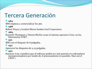 Tercera Generación
 1964
IBM empieza a comercializar los 360.
 1968
Robert Noyce y Gordon Moore fundan Intel Corporation.
 1969
Kenneth Thompson y Dennis Ritchie crean el sistema operativo Unix, en los
laboratorios AT&T .
 1971
IBM crea el disquete de 8 pulgadas.
 1972
Aparecen los disquetes de 5.25 pulgadas.
 1972
Seymour Cray considera que el software podría ser más potente en ordenadores
monoprocesadores por medio de el procesamiento en paralelo. Nace así el
CRAY 1.
 