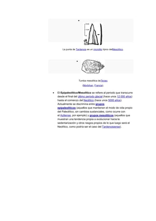 La punta de Tardenois es un microlito típico delMesolítico.




                   Tumba mesolítica deTéviec

                       (Morbihan, Francia).


El Epipaleolítico/Mesolítico se refiere al periodo que transcurre
desde el final del último periodo glacial (hace unos 12 000 años)
hasta el comienzo del Neolítico (hace unos 5000 años).
Actualmente se discrimina entre grupos
epipaleolíticos (aquellos que mantienen el modo de vida propio
del Paleolítico, sin cambios sustanciales, como ocurre con
el Aziliense, por ejemplo) y grupos mesolíticos (aquellos que
muestran una tendencia propia a evolucionar hacia la
sedentarización y otros rasgos propios de lo que luego será el
Neolítico, como podría ser el caso del Tardenoisiense).
 
