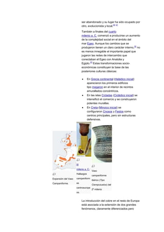 ser abandonado y su lugar ha sido ocupado por
                                                        20 21
                           otro, evolucionista y local.

                           También a finales del cuarto
                           milenio a. C. comenzó a producirse un aumento
                           de la complejidad social en el ámbito del
                           mar Egeo. Aunque los cambios que se
                                                                       22
                           produjeron tienen un claro carácter interno, no
                           es menos innegable el importante papel que
                           jugaron las redes de intercambio que
                           conectaban el Egeo con Anatolia y
                                  23
                           Egipto. Estas transformaciones socio-
                           económicas constituyen la base de las
                           posteriores culturas clásicas:

                                 En Grecia continental (Heládico inicial)
                                 aparecieron los primeros edificios
                                 tipo megaron en el interior de recintos
                                 amurallados concéntricos.
                                 En las islas Cícladas (Cicládico inicial) se
                                 intensificó el comercio y se construyeron
                                 potentes murallas.
                                 En Creta (Minoico inicial) se
                                 configuraron Cnosos y Festos como
                                 centros principales, pero sin estructuras
                                 defensivas.




                     III
                     milenio a. C.:
                                      Vaso
                     Hallazgos
                                      campaniforme
Expansión del Vaso   campaniform
                                      ibérico (Tipo
Campaniforme.        es
                                      Ciempozuelos) del
                     centroeurope
                                      2º milenio
                     os.


                           La introducción del cobre en el resto de Europa
                           está asociada a la extensión de dos grandes
                           fenómenos, claramente diferenciados pero
 