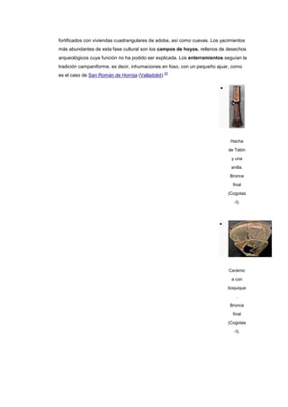 fortificados con viviendas cuadrangulares de adobe, así como cuevas. Los yacimientos
más abundantes de esta fase cultural son los campos de hoyos, rellenos de desechos
arqueológicos cuya función no ha podido ser explicada. Los enterramientos seguían la
tradición campaniforme, es decir, inhumaciones en foso, con un pequeño ajuar, como
                                               33
es el caso de San Román de Hornija (Valladolid).




                                                                             Hacha

                                                                            de Talón

                                                                             y una

                                                                             anilla.

                                                                             Bronce

                                                                              final

                                                                            (Cogotas
                                                                               -I).




                                                                            Cerámic

                                                                             a con

                                                                            boquique

                                                                                .

                                                                             Bronce

                                                                              final

                                                                            (Cogotas
                                                                               -I).
 
