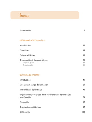 Í ndice


Presentación                                                  7




PROGRAMAS DE ESTUDIO 2011

Introducción                                                 11

Propósitos                                                   13

Enfoque didáctico                                            15

Organización de los aprendizajes                             25
   Segundo grado                                             31
   Tercer grado                                              39




GUÍA PARA EL MAESTRO

Introducción                                                 49

Enfoque del campo de formación                               69

Ambientes de aprendizaje                                     75

Organización pedagógica de la experiencia de aprendizaje:
planificación                                                79

Evaluación                                                   87

Orientaciones didácticas                                     97

Bibliografía                                                120
 