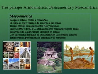Tres paisajes Aridoamérica, Oasisamérica y Mesoamérica

 