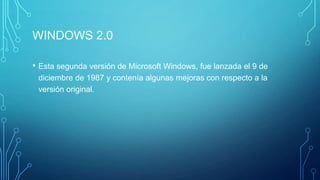 WINDOWS 2.0
• Esta segunda versión de Microsoft Windows, fue lanzada el 9 de
diciembre de 1987 y contenía algunas mejoras con respecto a la
versión original.
 