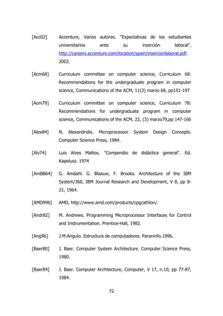 [Acc02] Accenture, Varios autores. "Expectativas de los estudiantes 
universitarios ante su inserción laboral". 
http://careers.accenture.com/location/spain/insercionlaboral.pdf. 
2002. 
[Acm68] Curriculum committee on computer science, Curriculum 68: 
Recommendations for the undergraduate program in computer 
science, Communications of the ACM, 11(3) marzo 68, pp151-197 
[Acm79] Curriculum committee on computer science, Curriculum 78: 
Recommendations for undergraduate program in computer 
science, Communications of the ACM, 22, (3) marzo79,pp 147-166 
[Alex84] N. Alexandridis. Microprocessor System Design Concepts. 
Computer Science Press, 1984. 
[Alv74] Luis Alves Mattos. "Compendio de didáctica general". Ed. 
72 
Kapelusz. 1974 
[AmBB64] G. Amdahl. G. Blaauw, F. Brooks. Architecture of the IBM 
System/360, IBM Journal Research and Development, V 8, pp 8- 
21, 1964. 
[AMD99b] AMD, http://www.amd.com/products/cpg/athlon/. 
[Andr82] M. Andrews. Programming Microprocessor Interfaces for Control 
and Instrumentation. Prentice-Hall, 1982. 
[Ang96] J.M.Angulo. Estructura de computadores. Paraninfo.1996. 
[Baer80] J. Baer. Computer System Architecture. Computer Science Press, 
1980. 
[Baer84] J. Baer. Computer Architecture, Computer, V 17, n.10, pp 77-87, 
1984. 
 