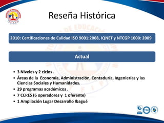 Reseña Histórica 
2010: Certificaciones de Calidad ISO 9001:2008, IQNET y NTCGP 1000: 2009 
Actual 
• 3 Niveles y 2 ciclos . 
• Áreas de la Economía, Administración, Contaduría, Ingenierías y las 
Ciencias Sociales y Humanidades. 
• 29 programas académicos . 
• 7 CERES (6 operadores y 1 oferente) 
• 1 Ampliación Lugar Desarrollo Ibagué 
