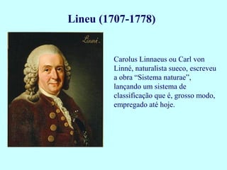 Carolus Linnaeus ou Carl von
Linné, naturalista sueco, escreveu
a obra “Sistema naturae”,
lançando um sistema de
classificação que é, grosso modo,
empregado até hoje.
Lineu (1707-1778)
 