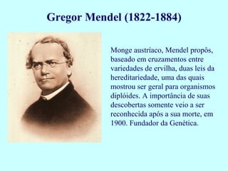 Monge austríaco, Mendel propôs,
baseado em cruzamentos entre
variedades de ervilha, duas leis da
hereditariedade, uma das quais
mostrou ser geral para organismos
diplóides. A importância de suas
descobertas somente veio a ser
reconhecida após a sua morte, em
1900. Fundador da Genética.
Gregor Mendel (1822-1884)
 