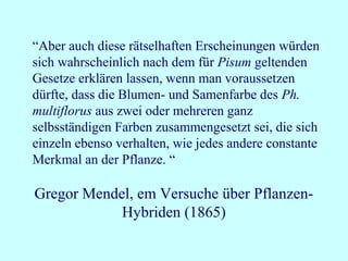 “Aber auch diese rätselhaften Erscheinungen würden
sich wahrscheinlich nach dem für Pisum geltenden
Gesetze erklären lassen, wenn man voraussetzen
dürfte, dass die Blumen- und Samenfarbe des Ph.
multiflorus aus zwei oder mehreren ganz
selbsständigen Farben zusammengesetzt sei, die sich
einzeln ebenso verhalten, wie jedes andere constante
Merkmal an der Pflanze. “
Gregor Mendel, em Versuche über Pflanzen-
Hybriden (1865)
 