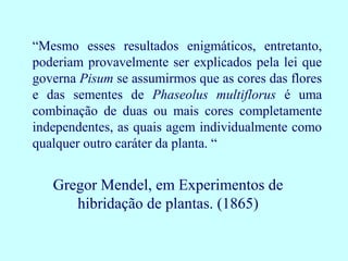 “Mesmo esses resultados enigmáticos, entretanto,
poderiam provavelmente ser explicados pela lei que
governa Pisum se assumirmos que as cores das flores
e das sementes de Phaseolus multiflorus é uma
combinação de duas ou mais cores completamente
independentes, as quais agem individualmente como
qualquer outro caráter da planta. “
Gregor Mendel, em Experimentos de
hibridação de plantas. (1865)
 