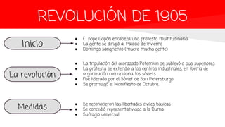 REVOLUCIÓN DE 1905
Inicio
● El pope Gapón encabeza una protesta multitudinaria
● La gente se dirigió al Palacio de Invierno
● Domingo sangriento (muere mucha gente)
La revolución
● La tripulación del acorazado Potemkin se sublevó a sus superiores
● La protesta se extendió a los centros industriales, en forma de
organización comunitaria, los sóviets.
● Fue liderada por el Sóviet de San Petersburgo
● Se promulgó el Manifiesto de Octubre.
Medidas ● Se reconocieron las libertades civiles básicas
● Se concedió representatividad a la Duma
● Sufragio universal
 