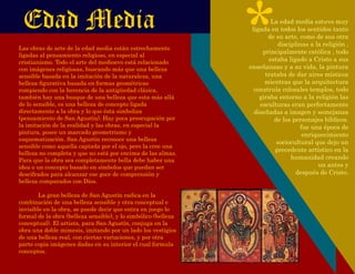 Edad Media
Las obras de arte de la edad media están estrechamente
ligadas al pensamiento religioso, en especial al
cristianismo. Todo el arte del medioevo está relacionado
con imágenes religiosas, buscando más que una belleza
sensible basada en la imitación de la naturaleza, una
belleza ﬁgurativa basada en formas geométricas
rompiendo con la herencia de la antigüedad clásica,
también hay una busque de una belleza que esta más allá
de lo sensible, es una belleza de concepto ligada
directamente a la obra y lo que ésta simboliza
(pensamiento de San Agustín). Hay poca preocupación por
la imitación de la realidad y las obras, en especial la
pintura, posee un marcado geometrismo y
esquematización. San Agustín reconoce una belleza
sensible como aquella captada por el ojo, pero la cree una
belleza no completa y que no está por encima de las almas.
Para que la obra sea completamente bella debe haber una
idea o un concepto basado en símbolos que puedan ser
descifrados para alcanzar ese goce de comprensión y
belleza comparados con Dios.
La gran belleza de San Agustín radica en la
combinación de una belleza sensible y otra conceptual e
invisible en la obra, se puede decir que entra en juego lo
formal de la obra (belleza sensible), y lo simbólico (belleza
conceptual). El artista, para San Agustín, conjuga en la
obra una doble mimesis, imitando por un lado los vestigios
de una belleza real, con ciertas variaciones, y por otra
parte copia imágenes dadas en su interior el cual formula
conceptos.
*La edad media estuvo muy
ligada en todos los sentidos tanto
de su arte, como de sus otra
disciplinas a la religión ,
principalmente católica , todo
estaba ligado a Cristo a sus
enseñanzas y a su vida, la pintura
trataba de dar aires místicos
mientras que la arquitectura
construía colosales templos, todo
giraba entorno a la religión las
esculturas eran perfectamente
diseñadas a imagen y semejanza
de los personajes bíblicos.
fue una época de
enriquecimiento
sociocultural que dejo un
precedente artístico en la
humanidad creando
un antes y
después de Cristo.
 