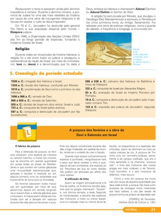 HISTÓRIA 21
Restauraram o reino e passaram ainda pelo domínio
macedônio e romano. Durante o domínio romano, a pro-
víncia da Judeia foi uma das mais rebeldes do Império
por causa de uma série de insurgentes religiosos e da
recusa em aceitar o culto ao deus-imperador.
Em 70 d. C., Jerusalém foi destruída pelo general
Tito Flávio e sua população dispersa pelo mundo –
Diáspora judaica.
Em 1948, a Organização das Nações Unidas (ONU)
pôs fim ao longo período de dispersão, fundando o
moderno Estado de Israel.
Religião
Durante todas as vicissitudes da história hebraica, a
religião foi o elo entre todos os judeus e assegurou a
sobrevivência da nação de Israel, por meio do monoteís-
mo. Iavé ou Jeová é a denominação que foi dada a
Deus, embora os hebreus o chamassem Adonai (Senhor)
ou Adonai Elohim (o Senhor do Alto).
A religião foi estruturada por Moisés, que divulgou o
Decálogo (Dez Mandamentos) e escreveu o Pentateuco
(os cinco primeiros livros do Antigo Testamento). Foi
adotada uma série de práticas religiosas, como a guarda
do sábado, a frequência à sinagoga, a circuncisão etc.
Monte
Sinai
onde, segundo
a tradição, Iavé
entregou
as tábuas da lei a
Moisés.
5. Cronologia do período estudado
1500 a. C.: chegada dos hebreus a Israel.
1250 a. C.: êxodo dos hebreus, conduzido por Moisés.
1010 a. C.: proclamação de Saul como o primeiro rei dos
hebreus.
1006 a 966 a. C.: reinado de Davi.
966 a 926 a. C.: reinado de Salomão.
926 a. C.: divisão de Israel em dois reinos: Israel e Judá.
722 a. C.: conquista de Israel pelos assírios.
587 a. C.: conquista e destruição de Jerusalém por Na-
bucodonosor.
586 a 538 a. C.: cativeiro dos hebreus na Babilônia e
início da Diáspora.
332 a. C.: conquista de Israel por Alexandre Magno.
63 a. C.: anexação de Israel ao Império Romano por
Pompeu.
70 d. C.: conquista e destruição de Jerusalém pelo impe-
rador romano Tito.
133 d. C.: expulsão dos judeus de Jerusalém: segunda
Diáspora.
O fabrico da púrpura
Para a obtenção da púrpura, os fení-
cios utilizavam uma espécie de molusco
ou caracol marinho, o múrex (ou múrice),
que se encontra em grande quantidade
em quase todas as praias do Mediter-
râneo e que contém em certas glândulas
uma mucosidade esbranquiçada que,
aplicada a tecidos e exposta ao sol,
adquire primeiro uma cor amarelada que
brevemente se torna azul ou arroxeada.
Os fenícios pescavam estes molus-
cos em quantidade, por meio de isca;
abriam-nos depois em sentido longitudi-
nal e tiravam-lhes a referida glândula para
a triturarem. A massa assim obtida era mis-
turada com sal e deixada em repouso
durante três dias para se lhe extrair o suco.
Este era depois concentrado durante dez
dias, a fogo moderado, em vasilhas de chum-
bo, tendo-se o cuidado de coar o líquido.
Quando este estava suficientemente
espesso e purificado, mergulhava-se nele
a peça que devia receber o tinto e que,
depois de bem embebida, era exposta ao
sol. Resultava daí que as cores obtidas
não podiam ser alteradas por efeito dos
raios solares.
A utilização da tinta
Assim se tingiam principalmente a lã
fina da ovelha, os finíssimos tecidos egíp-
cios que os gregos chamavam “byssos”
e, nos últimos tempos, a seda. Segundo
as manipulações, a escolha das espécies
dos moluscos, a maior ou menor espes-
sura e a redução mais ou menos lenta do
líquido, os preparativos e a repetição das
imersões, assim se obtinham os mais va-
riados matizes de cor. A púrpura de Tiro
tinha uma cor vermelho-violácea, seme-
lhante à do sangue coalhado, que era a
mais apreciada e se chamava “púrpura
real”; o tinto dos moluscos das costas
gregas era mais violáceo; o de Tarento,
mais vermelho; e o dos moluscos do
Atlântico, mais escuro.
Como o tinto em púrpura era muito
caro por causa da pequena quantidade que
dava cada animal, e porque não havia outro
processo de conseguir tintos insensíveis
aos raios solares, o uso das vestes de
púrpura tornou-se próprio da dignidade real.
(TORRES, M. Ferrandis.
História Geral da Cultura. p. 126.)
A púrpura dos fenícios e a obra de
Davi e Salomão em Israel
C1_1A_PROF_Hist_2013_Lis 04/10/12 09:40 Página 21
 