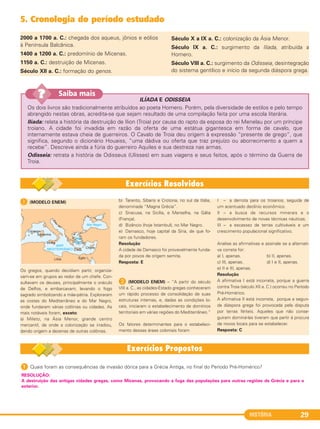 HISTÓRIA 29
5. Cronologia do período estudado
2000 a 1700 a. C.: chegada dos aqueus, jônios e eólios
à Península Balcânica.
1400 a 1200 a. C.: predomínio de Micenas.
1150 a. C.: destruição de Micenas.
Século XII a. C.: formação do genos.
Século X a IX a. C.: colonização da Ásia Menor.
Século IX a. C.: surgimento da Ilíada, atribuída a
Homero.
Século VIII a. C.: surgimento da Odisseia, desintegração
do sistema gentílico e início da segunda diáspora grega.
ILÍADA E ODISSEIA
Os dois livros são tradicionalmente atribuídos ao poeta Homero. Porém, pela diversidade de estilos e pelo tempo
abrangido nestas obras, acredita-se que sejam resultado de uma compilação feita por uma escola literária.
Ilíada: relata a história da destruição de Ilion (Troia) por causa do rapto da esposa do rei Menelau por um príncipe
troiano. A cidade foi invadida em razão da oferta de uma estátua gigantesca em forma de cavalo, que
internamente estava cheia de guerreiros. O Cavalo de Troia deu origem à expressão “presente de grego”, que
significa, segundo o dicionário Houaiss, “uma dádiva ou oferta que traz prejuízo ou aborrecimento a quem a
recebe”. Descreve ainda a fúria do guerreiro Aquiles e sua destreza nas armas.
Odisseia: retrata a história de Odisseus (Ulisses) em suas viagens e seus feitos, após o término da Guerra de
Troia.
Saiba mais??
A (MODELO ENEM)
Os gregos, quando decidiam partir, organiza-
vam-se em grupos ao redor de um chefe. Con-
sultavam os deuses, principalmente o oráculo
de Delfos, e embarcavam, levando o fogo
sagrado simbolizando a mãe-pátria. Exploraram
as costas do Mediterrâneo e do Mar Negro,
onde fundaram várias colônias ou cidades. As
mais notáveis foram, exceto:
a) Mileto, na Ásia Menor, grande centro
mercantil, de onde a colonização se irradiou,
dando origem a dezenas de outras colônias.
b) Tarento, Síbaris e Crotona, no sul da Itália,
denominada “Magna Grécia”.
c) Siracusa, na Sicília, e Marselha, na Gália
(França).
d) Bizâncio (hoje Istambul), no Mar Negro.
e) Damasco, hoje capital da Síria, de que fo-
ram os fundadores.
Resolução
A cidade de Damasco foi provavelmente funda-
da por povos de origem semita.
Resposta: E
B (MODELO ENEM) – “A partir do século
VIII a. C., as cidades-Estado gregas conheceram
um rápido processo de consolidação de suas
estruturas internas, e, dadas as condições lo-
cais, iniciaram o estabelecimento de domínios
territoriais em várias regiões do Mediterrâneo.”
Os fatores determinantes para o estabeleci-
mento dessas áreas coloniais foram
I – a derrota para os troianos, seguida de
um acentuado declínio econômico.
II – a busca de recursos minerais e o
desenvolvimento de novas técnicas náuticas.
III – a escassez de terras cultiváveis e um
crescimento populacional significativo.
Analise as afirmativas e assinale se a alternati-
va correta for:
a) I, apenas. b) II, apenas.
c) III, apenas. d) I e II, apenas.
e) II e III, apenas.
Resolução
A afirmativa I está incorreta, porque a guerra
contra Troia (século XII a. C.) ocorreu no Período
Pré-Homérico.
A afirmativa II está incorreta, porque a segun-
da diáspora grega foi provocada pela disputa
por terras férteis. Aqueles que não conse-
guiram dominá-las tiveram que partir à procura
de novos locais para se estabelecer.
Resposta: C
1 Quais foram as consequências da invasão dórica para a Grécia Antiga, no final do Período Pré-Homérico?
RESOLUÇÃO:
A destruição das antigas cidades gregas, como Micenas, provocando a fuga das populações para outras regiões da Grécia e para o
exterior.
C1_1A_PROF_Hist_2013_Lis 04/10/12 09:40 Página 29
 
