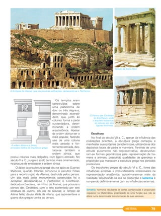HISTÓRIA 79
Os templos eram
construídos sobre
uma plataforma de
dois ou três degraus,
denominada estereó-
bato, que junto às
colunas forma a parte
sustentadora, deter-
minando a ordem
arquitetônica. Apesar
da ordem dórica ser a
mais popular, fazendo
uso de uma coluna
mais pesada e for-
temente estriada, des-
taca-se também a
ordem jônica, que
possui colunas mais delgadas, com ligeiro estriado. No
século V a. C., surgiu o estilo coríntio, mais ornamentado,
na procura de enriquecer a ordem jônica.
O ápice da arquitetura grega deu-se após as Guerras
Médicas, quando Péricles convocou o escultor Fídias
para a reconstrução de Atenas, destruída pelos persas.
Um dos mais belos monumentos construídos foi a
Acrópole, destacando-se o Parthenon; o Erectheion,
dedicado a Erecteus, rei mítico de Atenas, que possuía o
pórtico das Cariátides, com o teto sustentado por seis
estátuas de jovens, em vez de colunas; o Templo de
Atena Niké, deusa alada da vitória, que representava a
guerra dos gregos contra os persas.
Escultura
No final do século VII a. C., apesar da influência das
civilizações orientais, a escultura grega começou a
manifestar suas próprias características, utilizando-se dos
depósitos locais de pedra e mármore. Partindo de uma
atitude puramente não representativa, desenvolve-
ram-se formas geométricas para representação de ho-
mens e animais, possuindo qualidades de grandeza e
proporção que marcaram a escultura grega nos períodos
posteriores.
Os escultores gregos do século VI a. C., livres das
influências externas e profundamente interessados na
representação anatômica, aproximaram-se mais da
realidade, observando as leis de proporção e simetria e
rompendo definitivamente com as influências externas.
A ordem dórica e a jônica,
principais estilos da arquitetura grega.
Simetria: harmonia resultante de certas combinações e proporções
regulares; na Matemática, propriedade de uma função que não se
altera numa determinada transformação de suas variáveis.
A Acrópole de Atenas, que reunia várias edificações, destacando-se o Parthenon.
O Pórtico das Cariátides
do Erectheion, onde
o arquiteto substituiu
as colunas por seis
figuras femininas.
Templo de Atena Niké.
C1_1A_PROF_Hist_2013_Lis 04/10/12 09:41 Página 79
 
